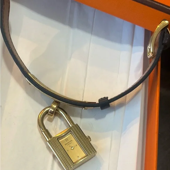 Hermes Kelly Black Leather Watch with Gold Accents